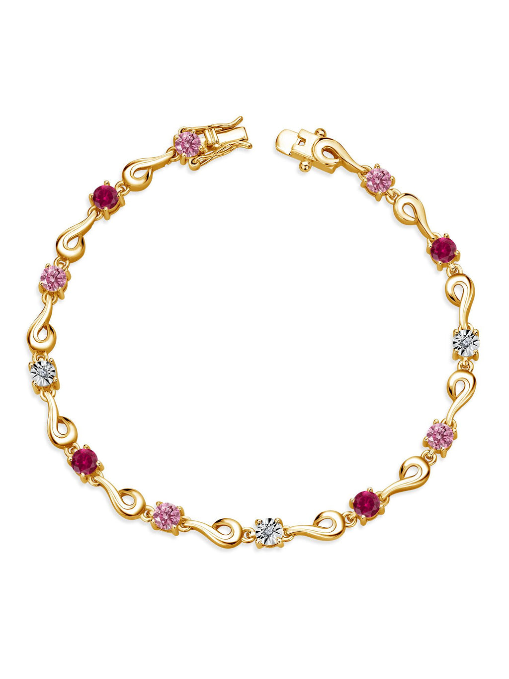 18K Yellow Gold Plated Silver Pink Lab Grown Diamond and Red Created Ruby Bracelet U977