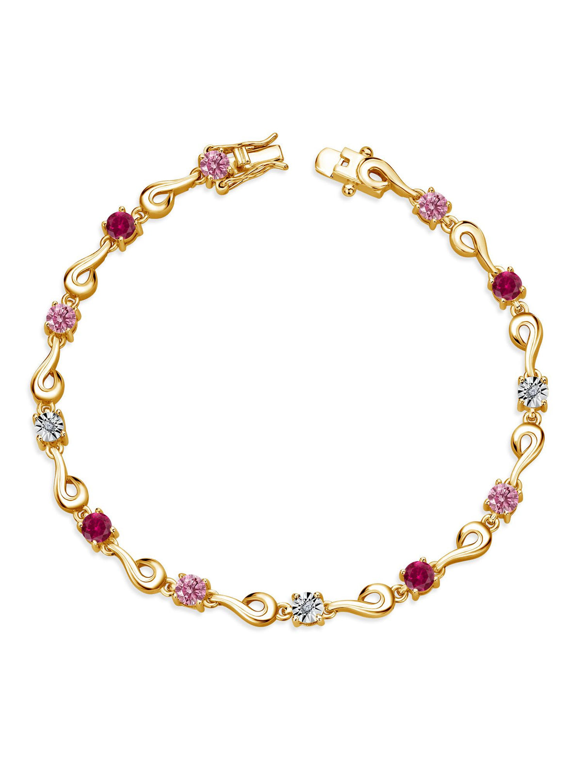 18K Yellow Gold Plated Silver Pink Lab Grown Diamond and Red Created Ruby Bracelet U977