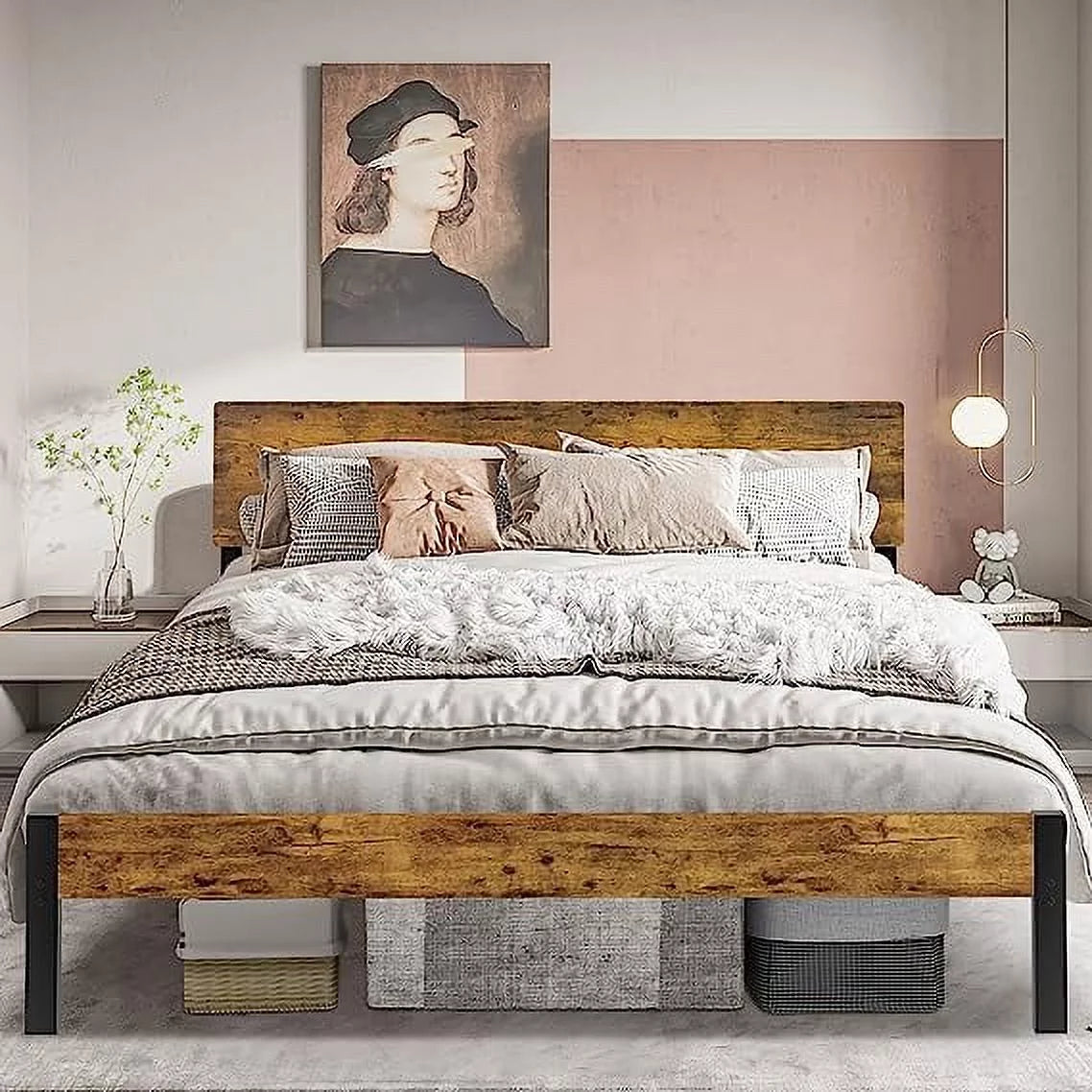 King Metal Platform Bed Frame with Headboard B870524