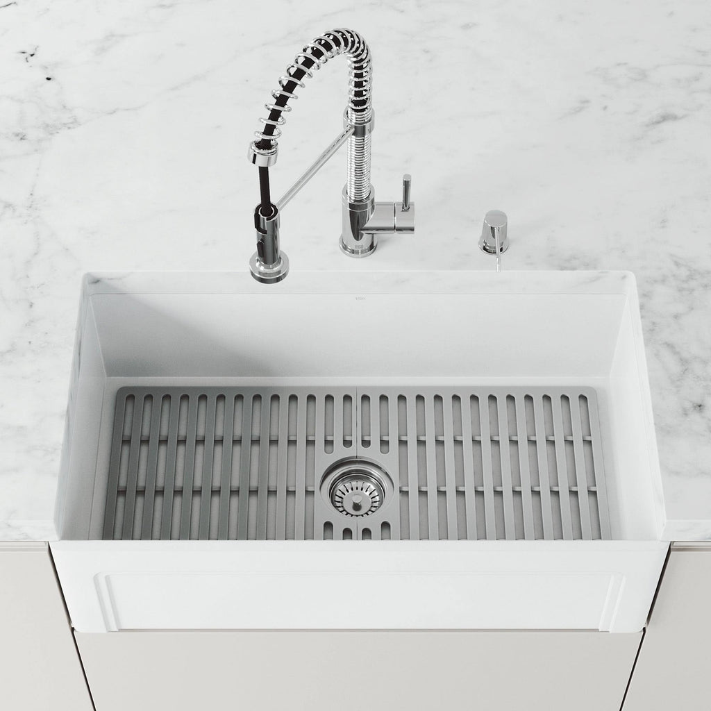 White Matte Stone Farmhouse Kitchen Sink with Grid H47116