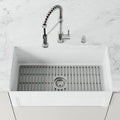 White Matte Stone Farmhouse Kitchen Sink with Grid H47116