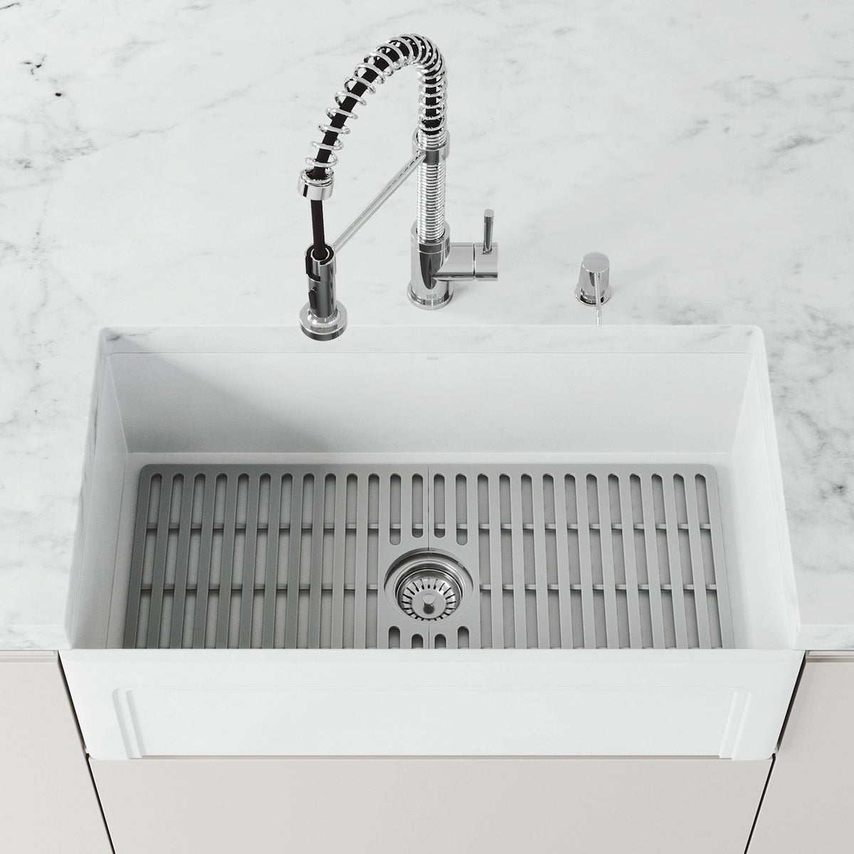 White Matte Stone Farmhouse Kitchen Sink with Grid H47116