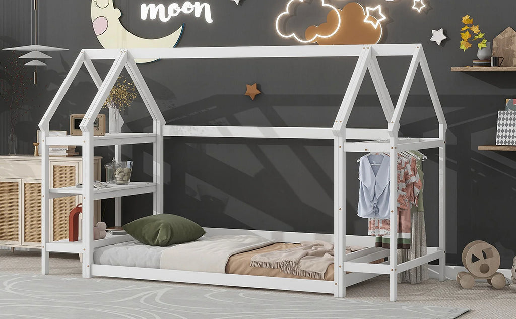 Twin House-Shaped Floor Bed Frame with 2 Detachable Stands White Z31341