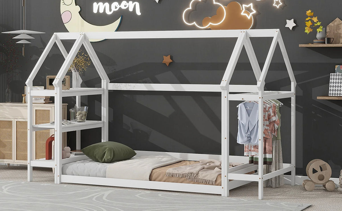 Twin House-Shaped Floor Bed Frame with 2 Detachable Stands White Z31341