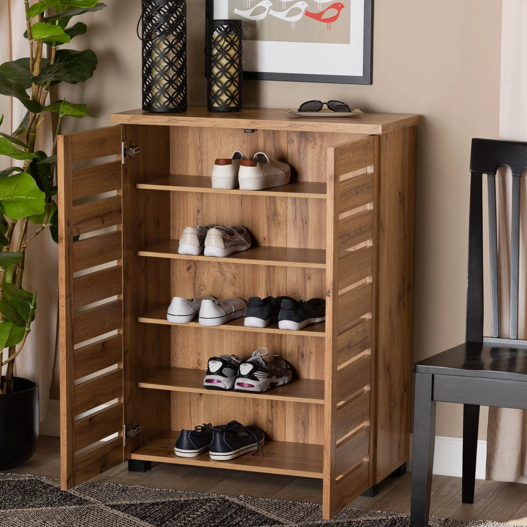 Oak Brown Finished Wood 2-Door Shoe Storage Cabinet E52727