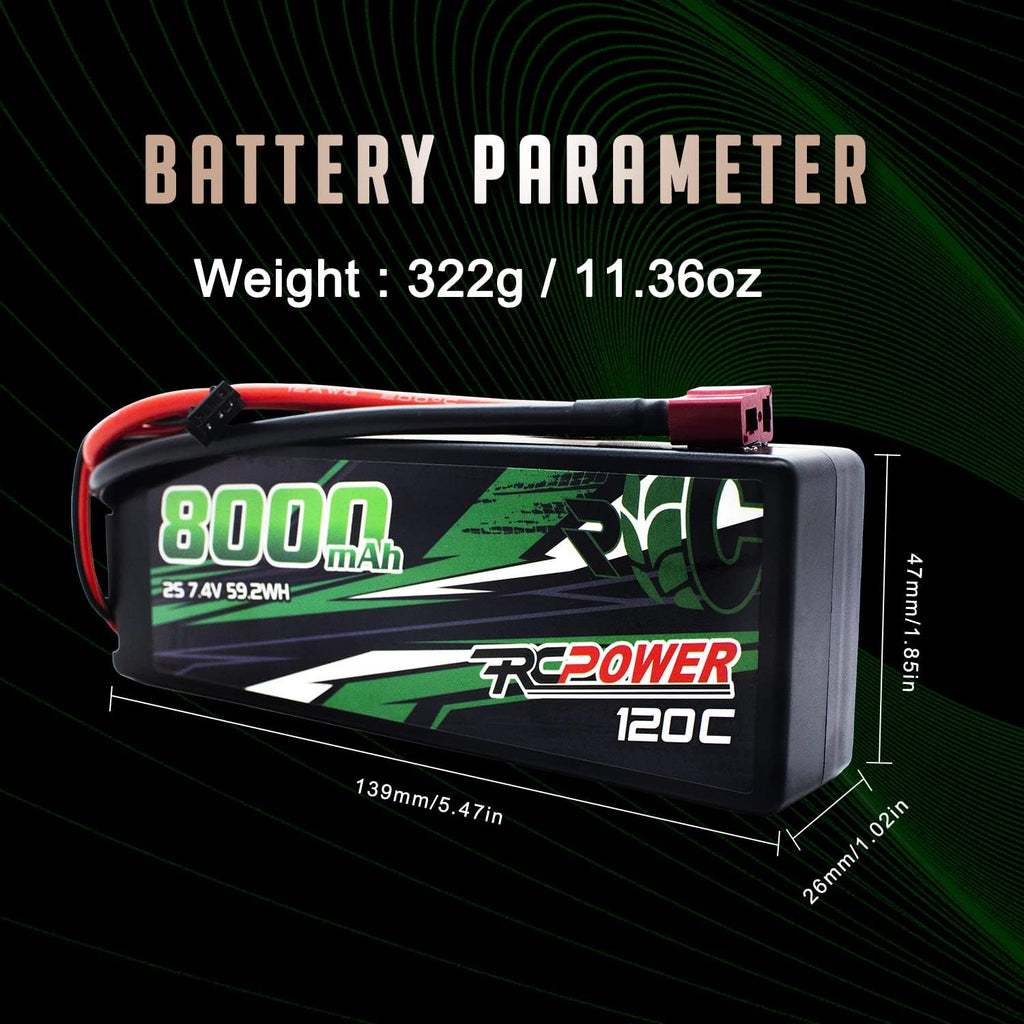 7.4V 8000mAh 2S 120C Hard Case Lipo Battery with T Plug (2Packs) F92914