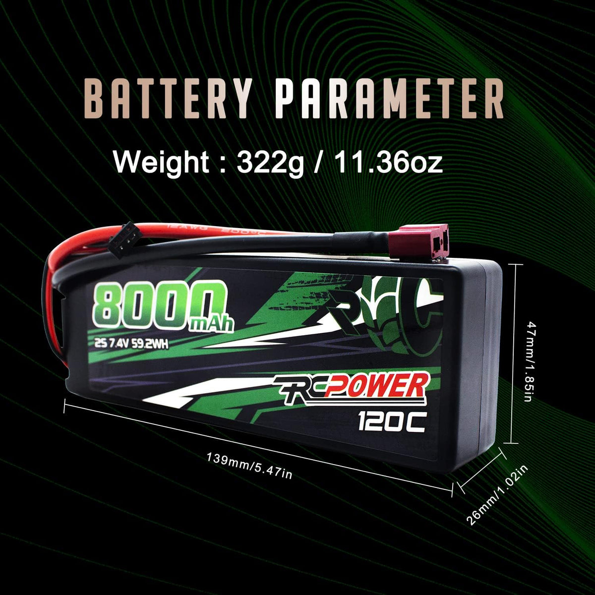 7.4V 8000mAh 2S 120C Hard Case Lipo Battery with T Plug (2Packs) F92914