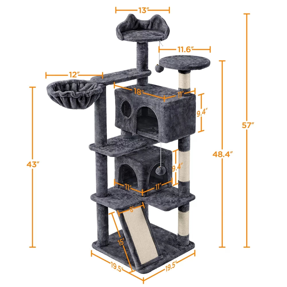 54" Double Condo Cat Tree with Scratching Post Tower, Dark Gray I142