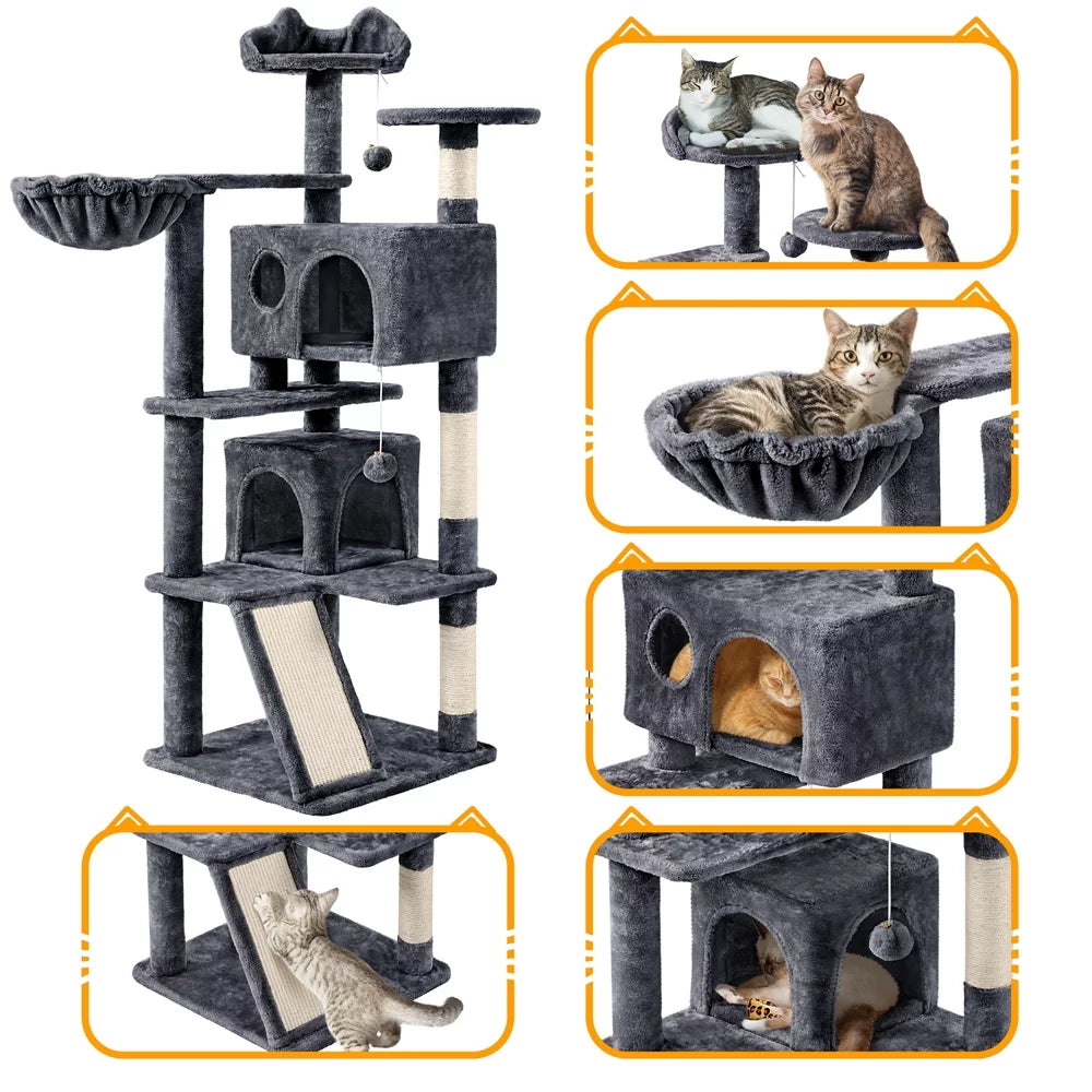 54" Double Condo Cat Tree with Scratching Post Tower, Dark Gray I142