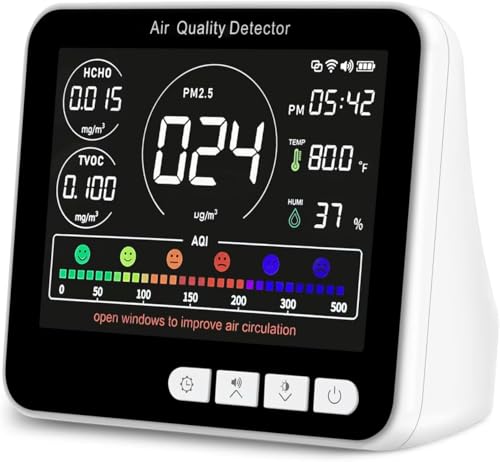 14 in 1 Air Quality Monitor Indoor with Beep Alarm, PM1.0|PM2.5|PM10|HCHO|TVOC|AQI|Temperature|Humidity|Time, Battery Powered Air Monitor J639254