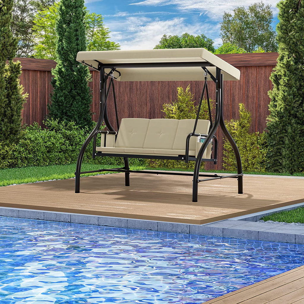 3-Seats Outdoor Patio Swing Chair with Adjustable Canopy Removable Cushion Beige A4418