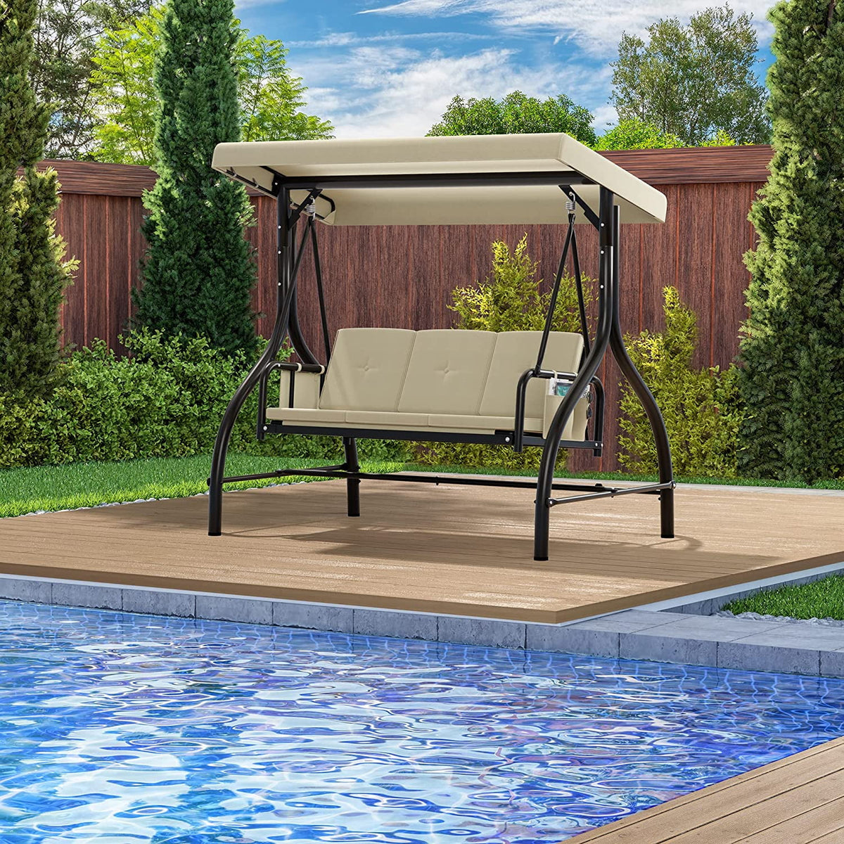 3-Seats Outdoor Patio Swing Chair with Adjustable Canopy Removable Cushion Beige A4418