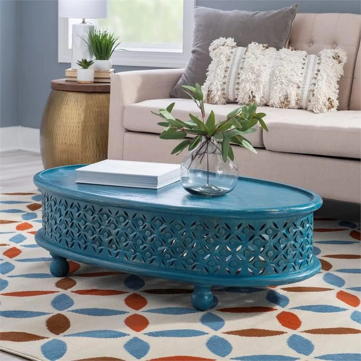 Blue Oval Wood Coffee Table D590346