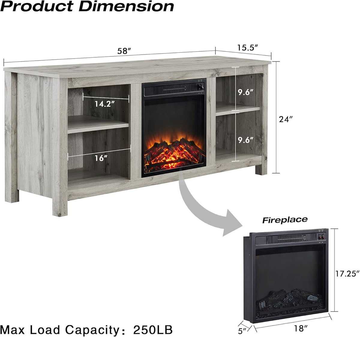 Light Grey Farmhouse Wooden TV Stand with Electric Fireplace P89056