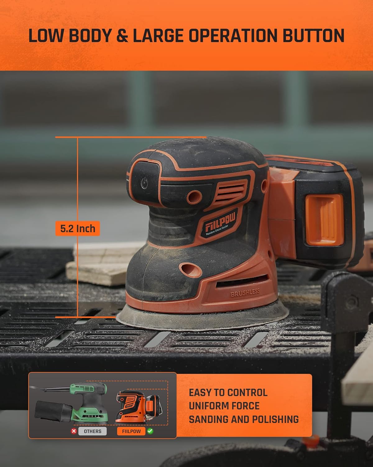 20V Brushless Cordless Random Orbital Sander with Battery, Dust Box, Sandpaper, Carrying Bag Y28447