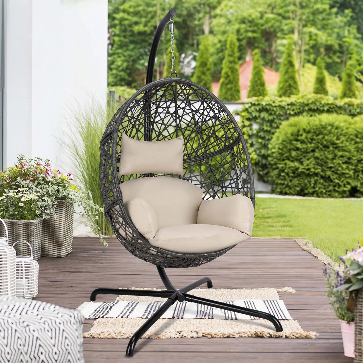 Oversized Black Hanging Swing Egg Chair with Stand and Beige Set R928
