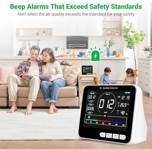 14 in 1 Air Quality Monitor Indoor with Beep Alarm, PM1.0|PM2.5|PM10|HCHO|TVOC|AQI|Temperature|Humidity|Time, Battery Powered Air Monitor J639254