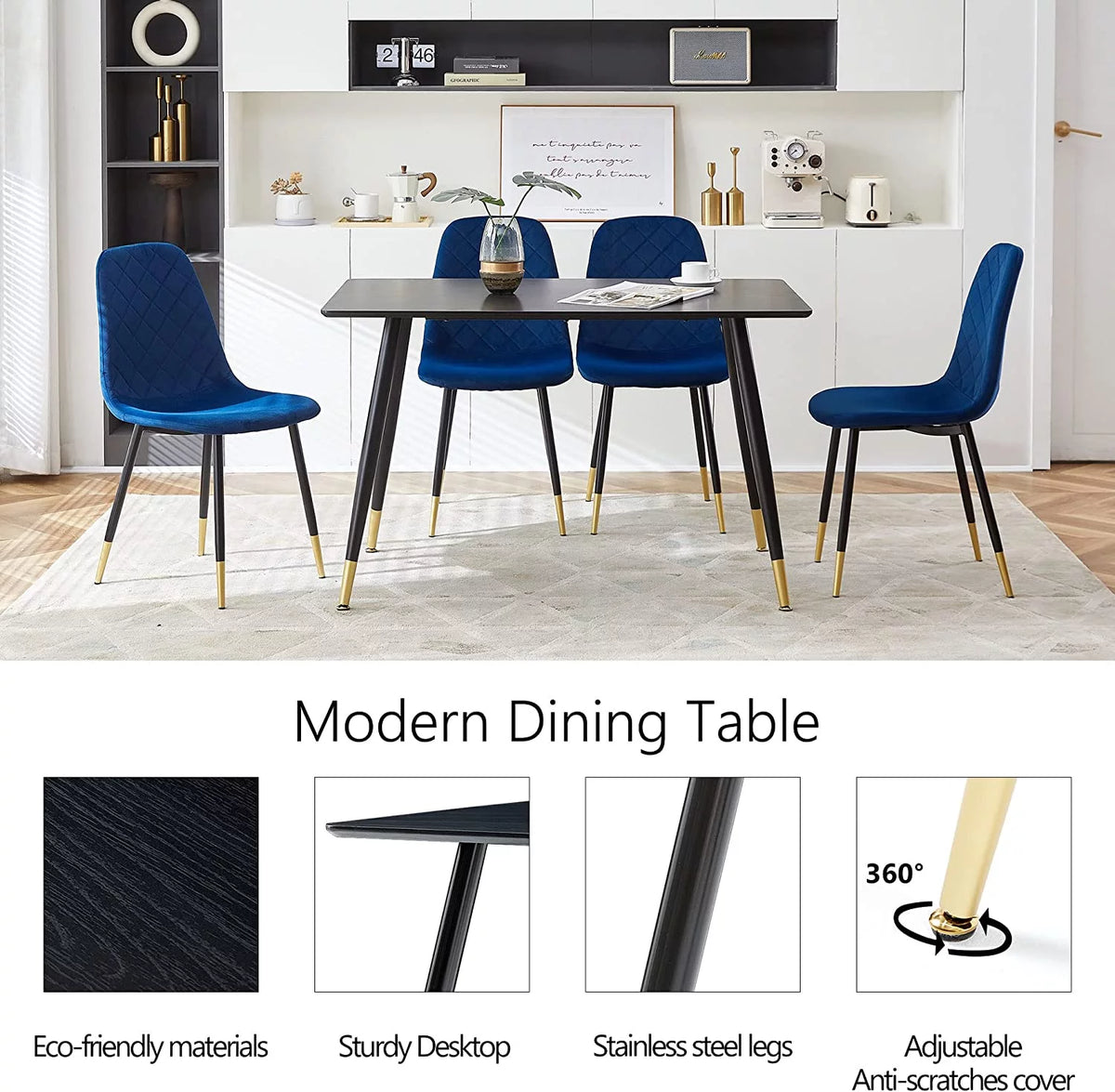 Faux Wood Rectangular Dining Table Set for 4 with Velvet Chairs Y3956