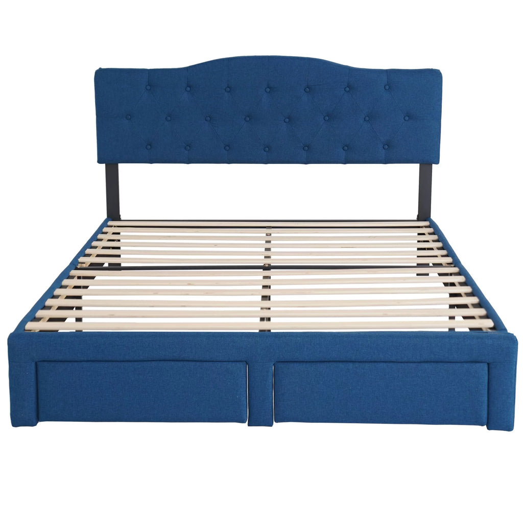 Queen Size Wood Bed Frame with Headboard Blue P793721