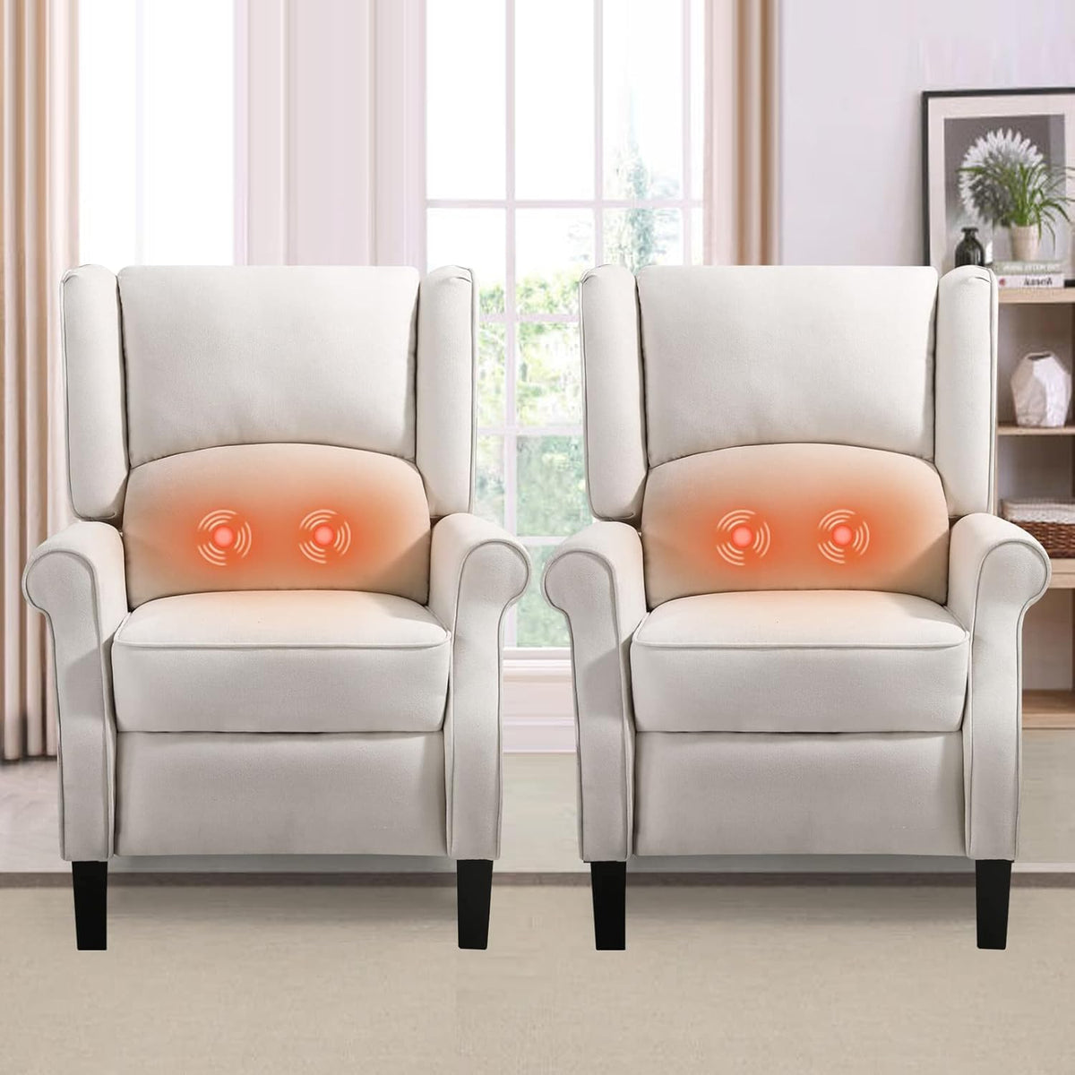 Set of 2 Beige Wingback Recliner Chair with Massage and Heat D39514