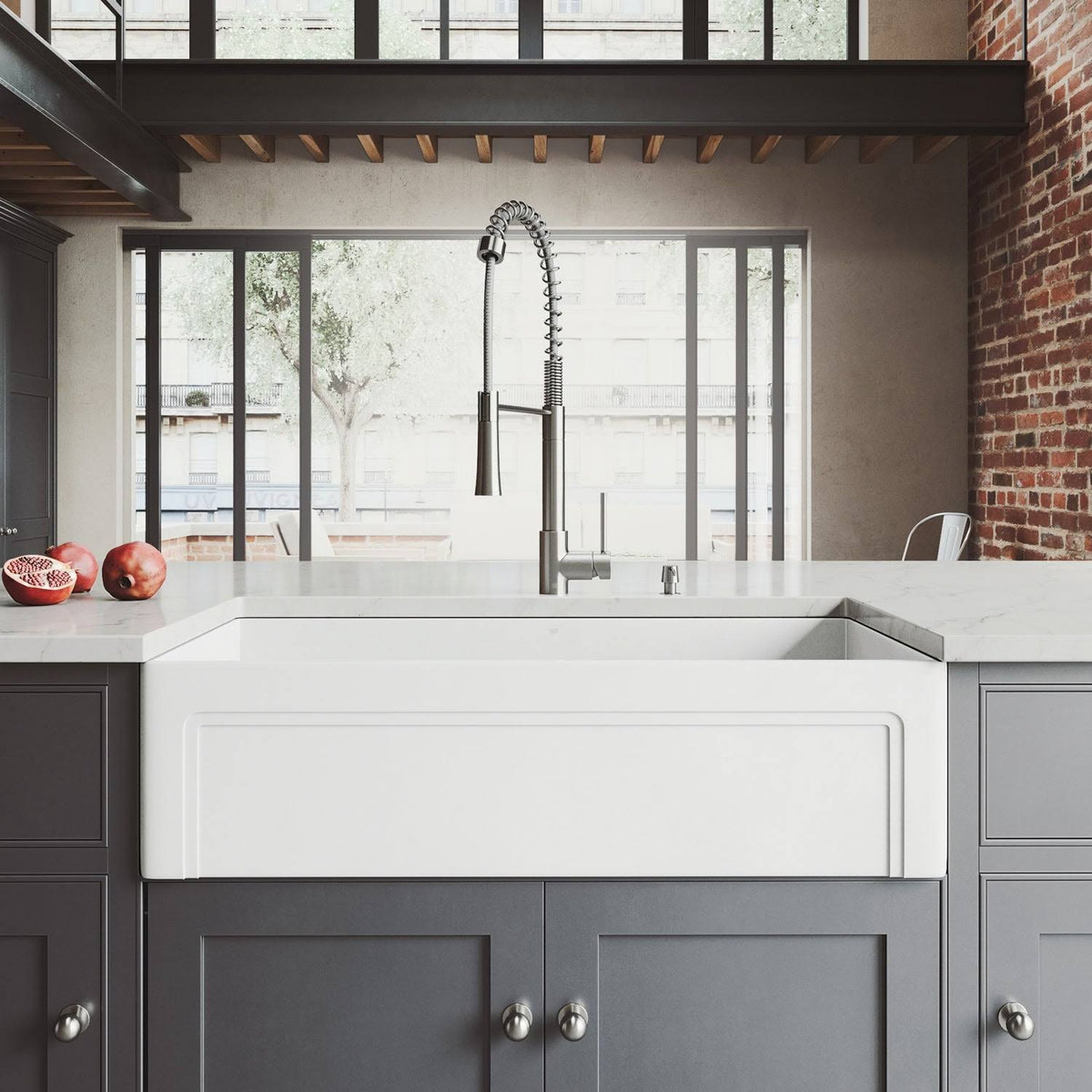 White Matte Stone Farmhouse Kitchen Sink with Grid H47116