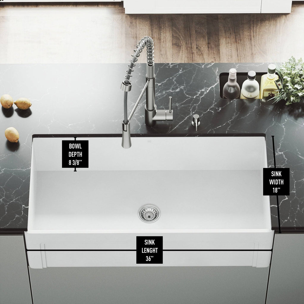 White Matte Stone Farmhouse Kitchen Sink with Grid H47116