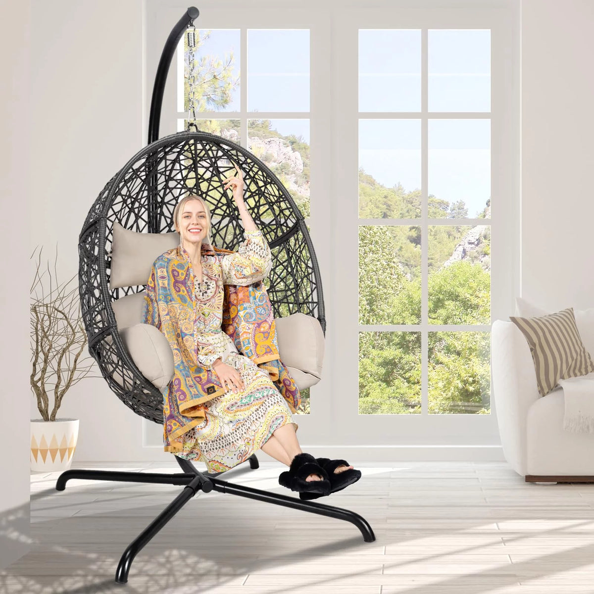 Oversized Black Hanging Swing Egg Chair with Stand and Beige Set R928
