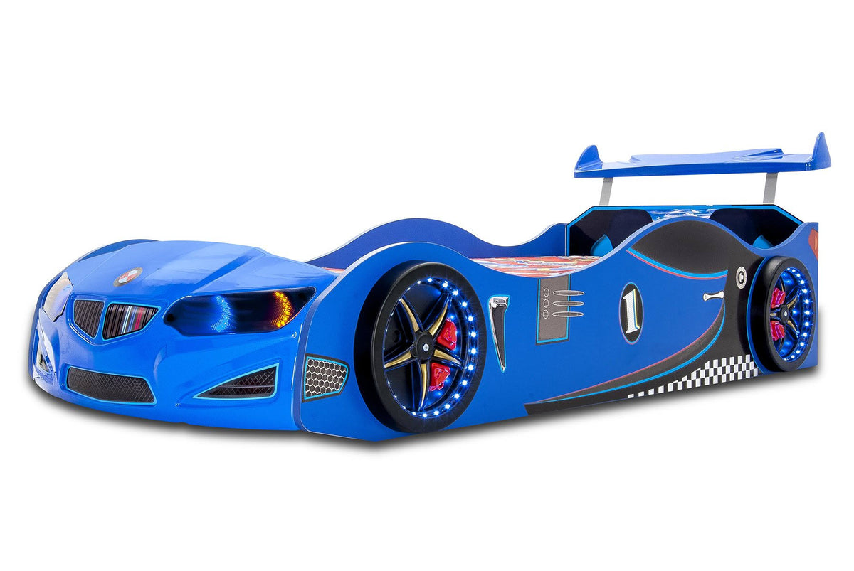 Blue Twin Size Kids Race Car Bed with LED Headlights Remote Control Y5841