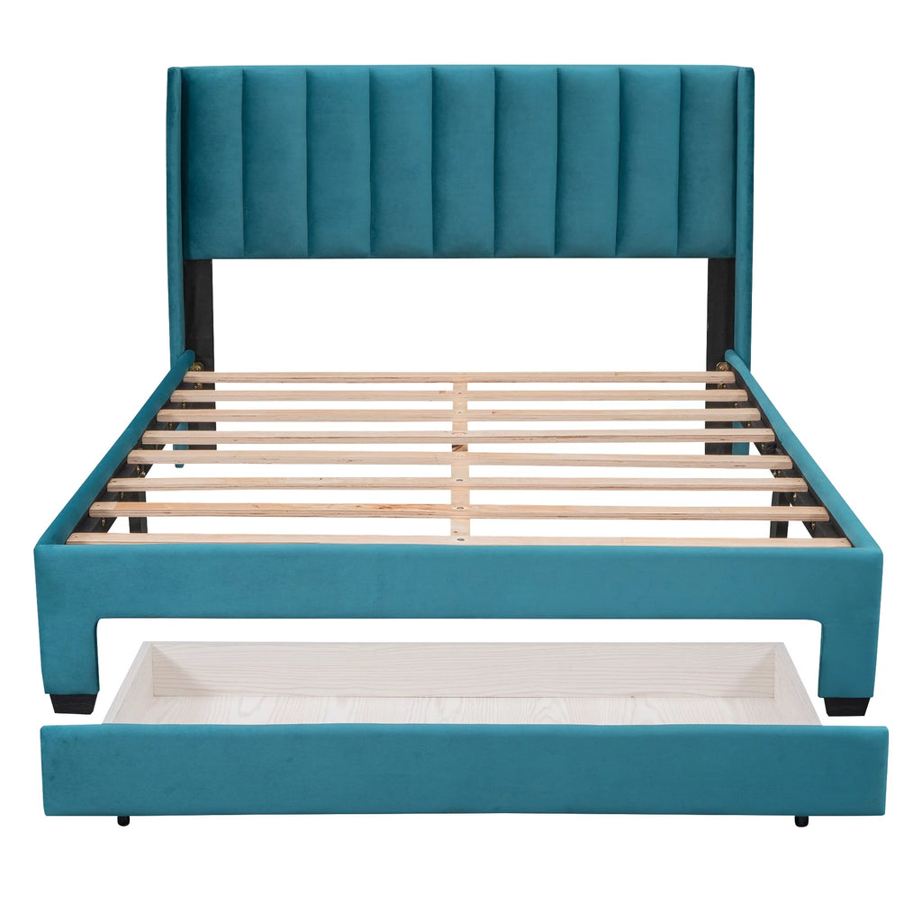 Queen Size Velvet Upholstered Platform Bed with Storage and Headboard P791