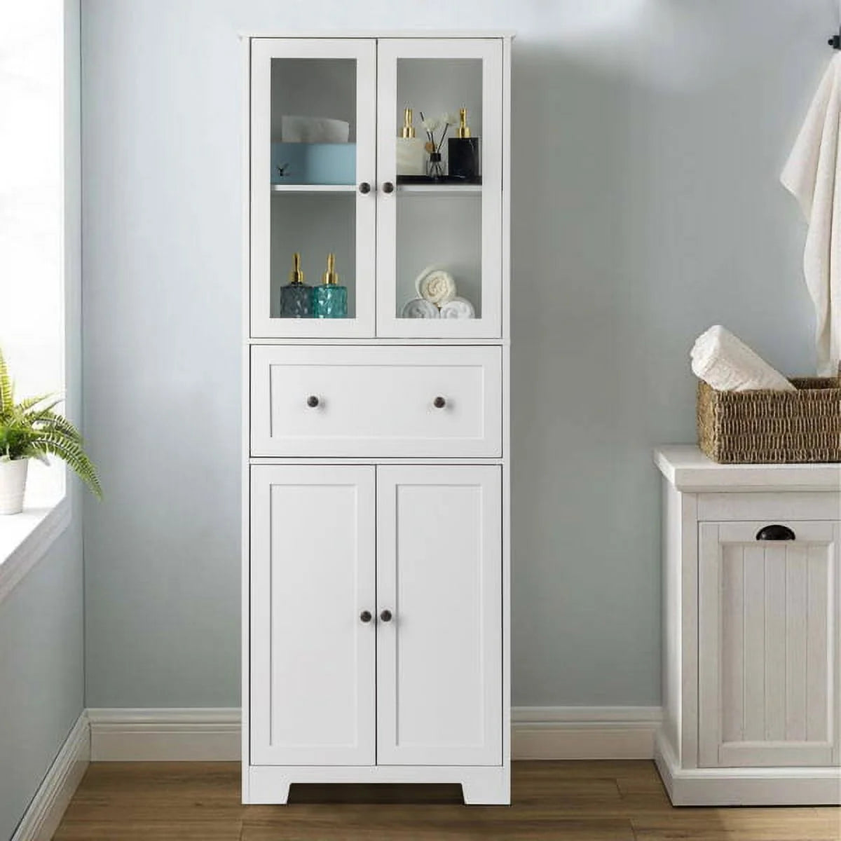 White 4 Doors 1 Pump MDF Bathroom Cabinet I716297