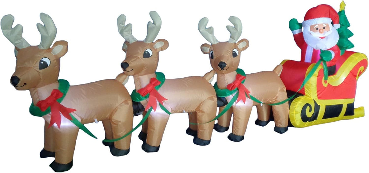8 Foot Long Christmas Inflatable Santa Claus on Sleigh with 3 Reindeer and Christmas Tree LED Lights U30744