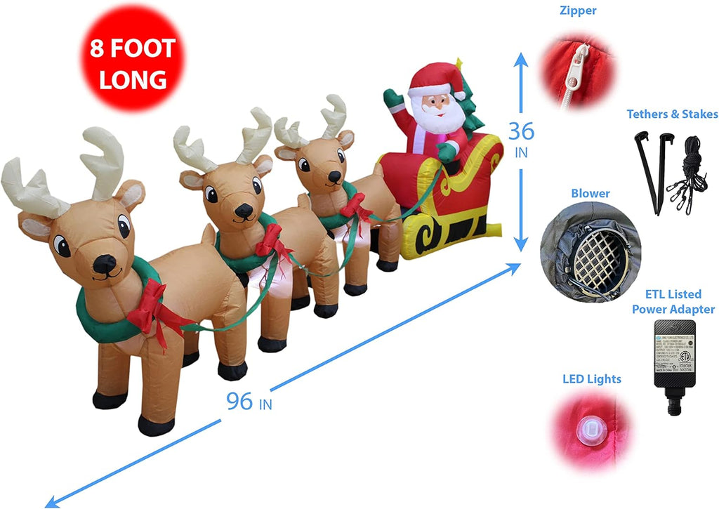8 Foot Long Christmas Inflatable Santa Claus on Sleigh with 3 Reindeer and Christmas Tree LED Lights U30744