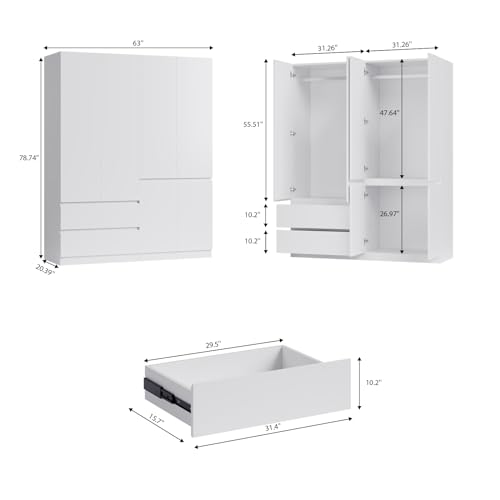 White 4 Door 2 Drawers Wooden Armoire Wardrobe with Shelves and Hanging Rod I87605