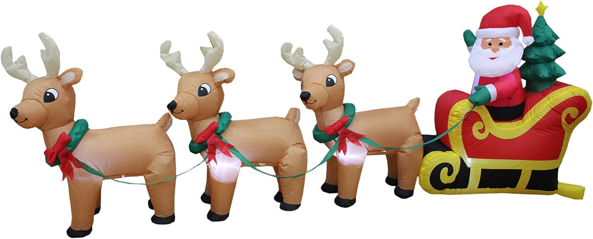 8 Foot Long Christmas Inflatable Santa Claus on Sleigh with 3 Reindeer and Christmas Tree LED Lights U30744