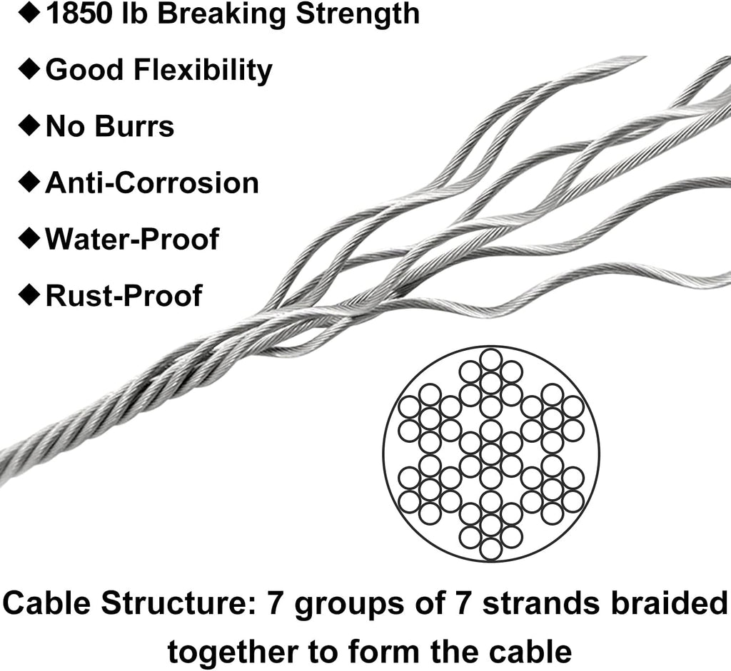 400FT 1/8 T316 Stainless Steel Wire Rope Cable with Cable Cutter N72598