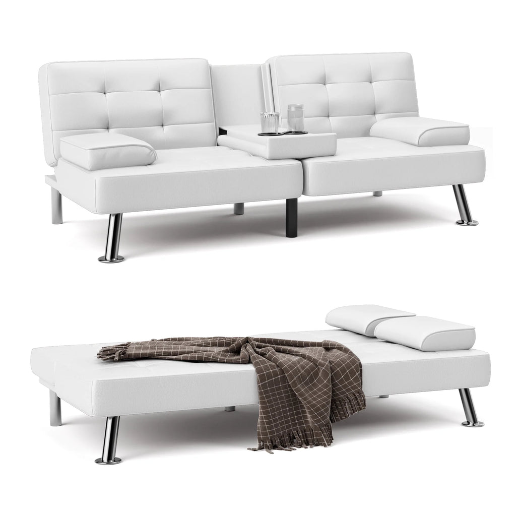 Faux Leather Convertible Futon Sofa Bed with 2 Cup Holders X886962