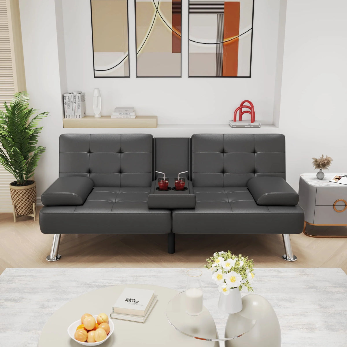 Faux Leather Convertible Futon Sofa Bed with 2 Cup Holders X886962