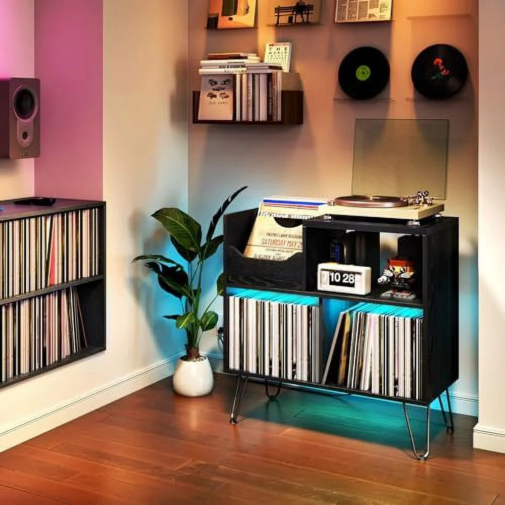 Black Record Player Stand with Charging Station F267