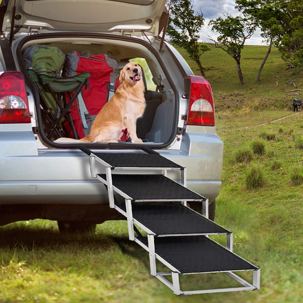 Extra Wide Aluminum Foldable Dog Car Stair with Nonslip Surface, 4 Steps D514798