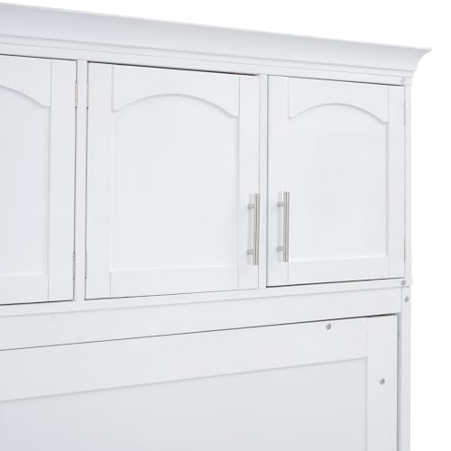 White Solid Wood Queen Murphy Bed with Cabinets P5636