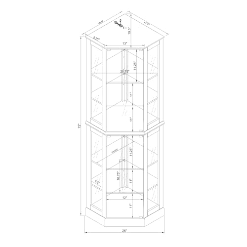 Lighted Corner Display Curio Cabinet 6-Shelf Wooden Display Cabinet with Adjustable Shelves 72" Tall Glass Shelving Unit Walnut E603