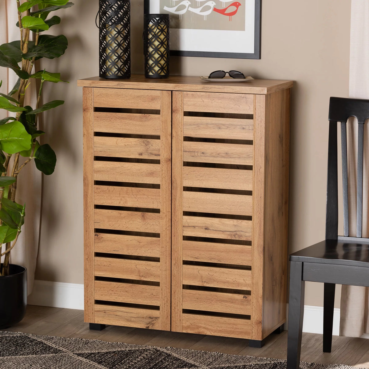Oak Brown Finished Wood 2-Door Shoe Storage Cabinet E52727