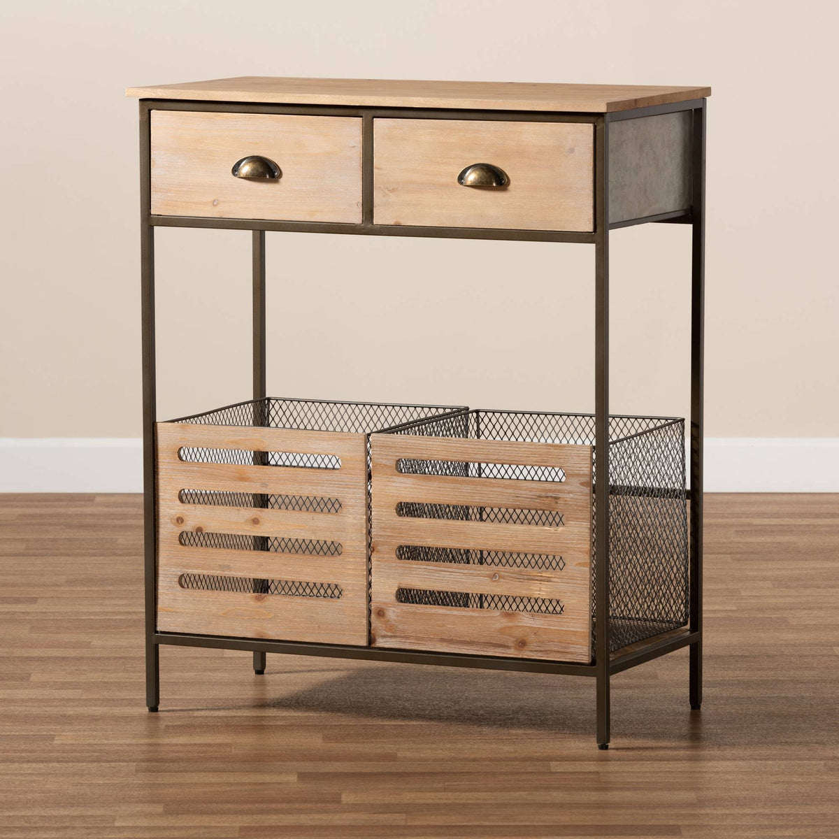 Oak Brown Finished Wood and Black Metal 2-Drawer Storage Cabinet E683982