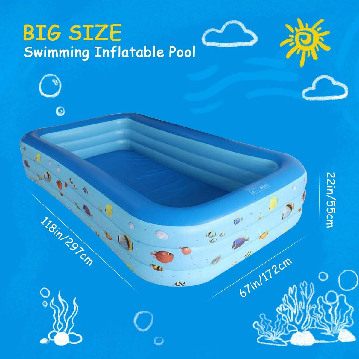 Inflatable Pool, Thickened Kiddie Pool, BPA-Free, 6.9 x 5 x 1.8 ft, Blue D787