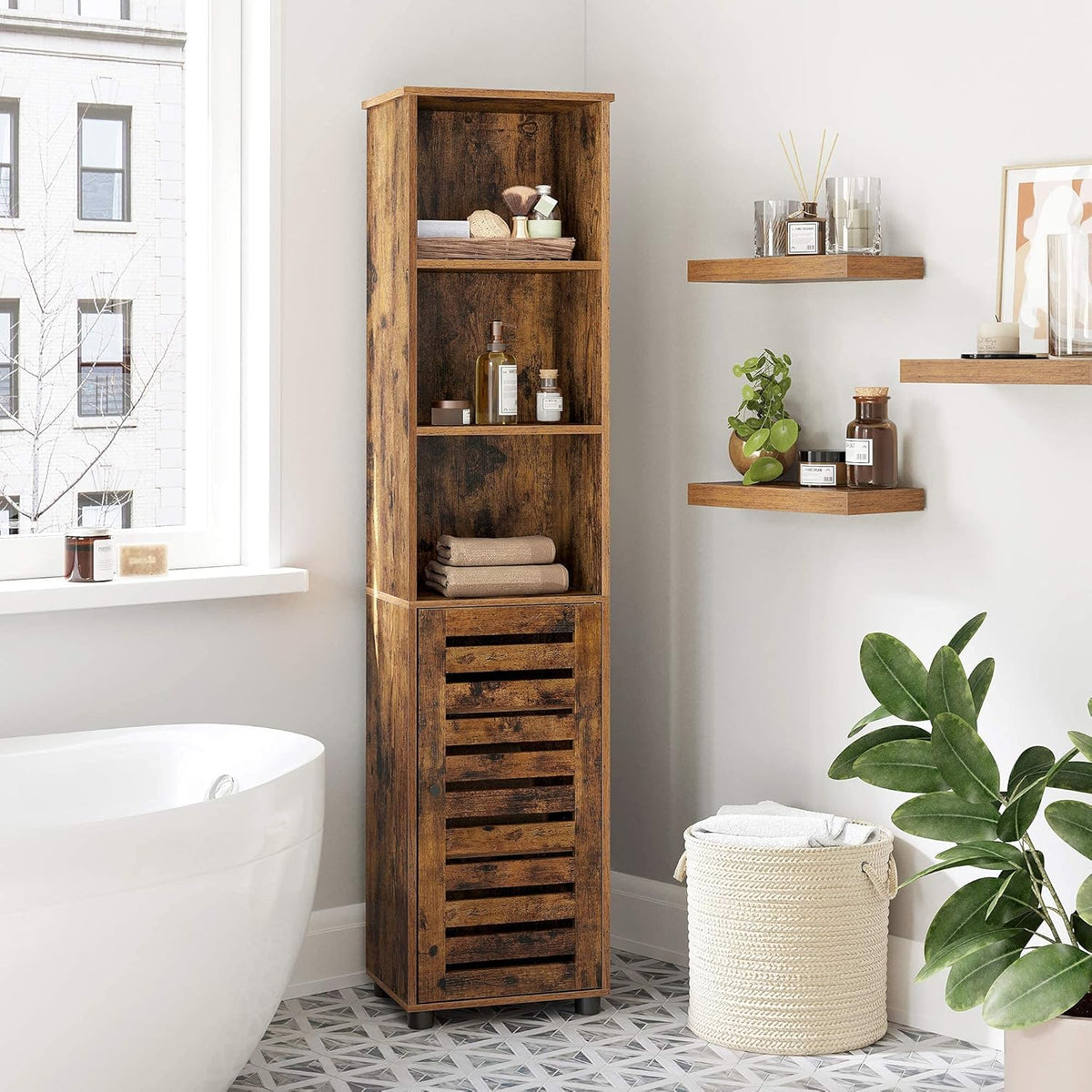Bathroom Tall Storage Cabinet with 3 Open Compartments and 2 Adjustable Shelves O78360