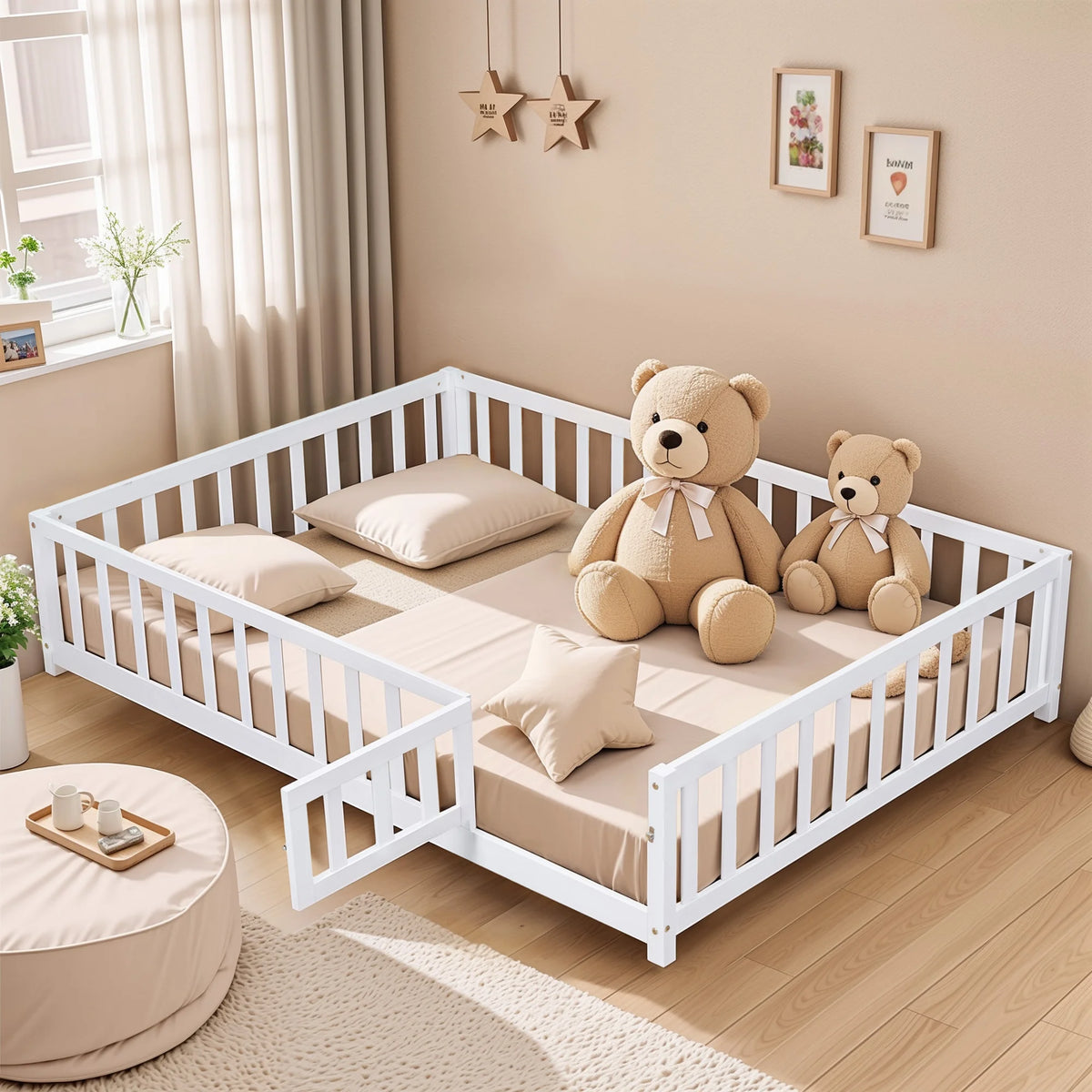 Full Size Wood Platform Bed with Fence and Door Y113