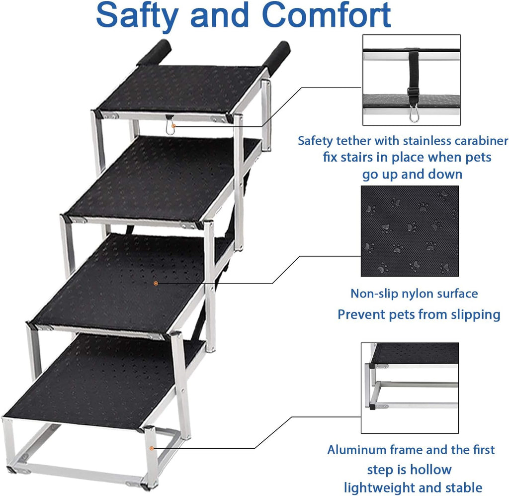 Extra Wide Aluminum Foldable Dog Car Stair with Nonslip Surface, 4 Steps D514798