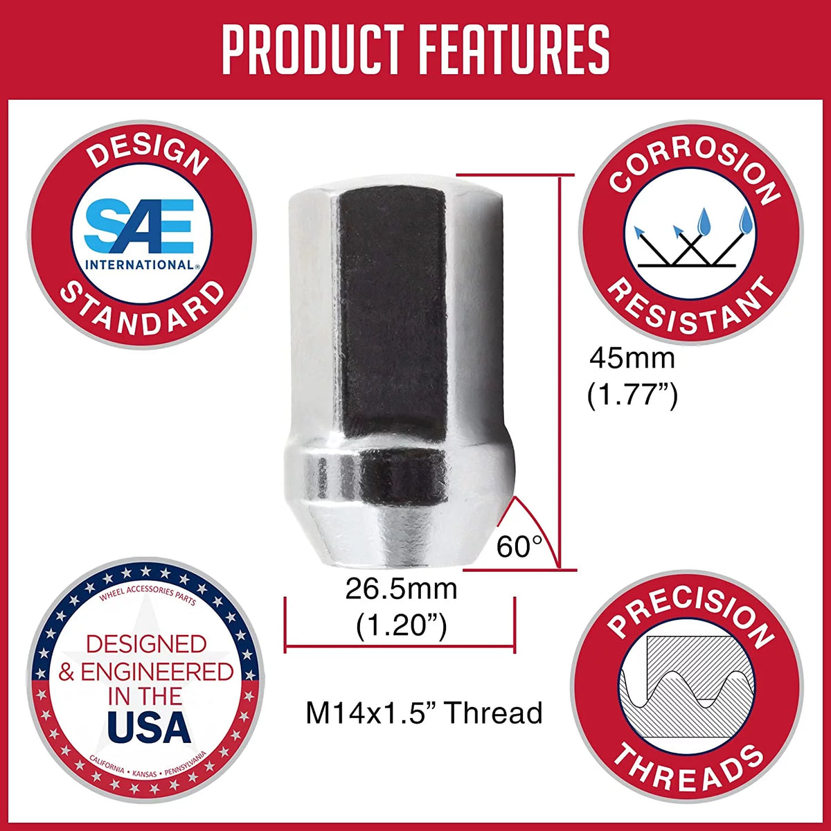 24 Pcs 14mm 1.50 Chrome Lug Nuts F705
