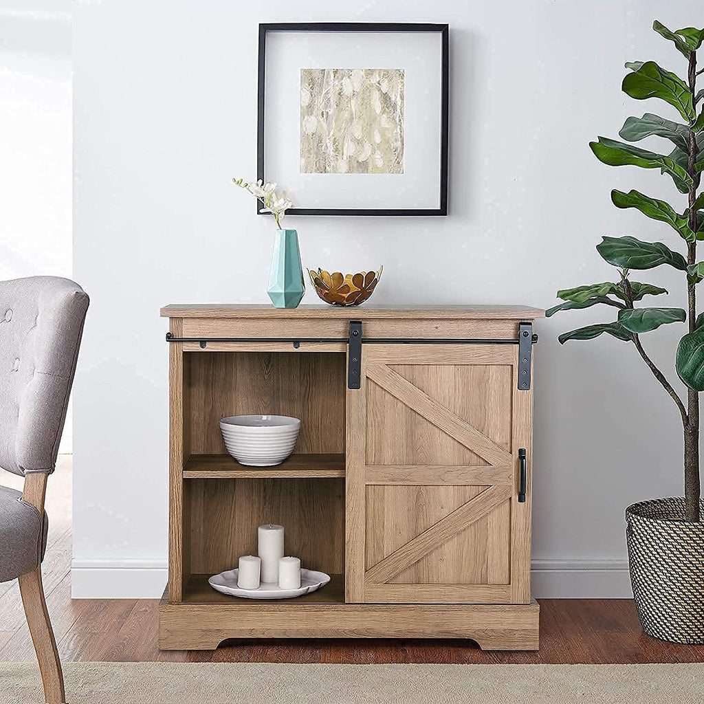 Farmhouse Coffee Bar Cabinet with Sliding Barn Door Sideboard Buffet Storage Cabinet I156