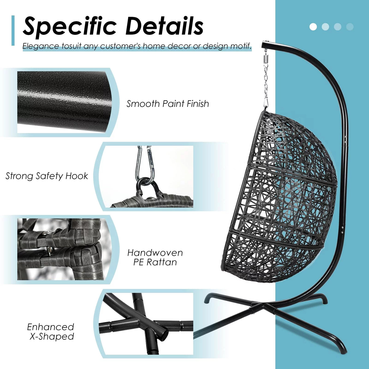 Oversized Black Hanging Swing Egg Chair with Stand and Beige Set R928
